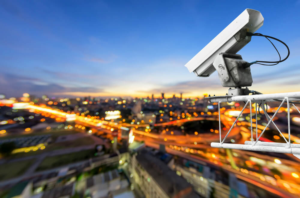 Security camera looking over panorama of bustling city