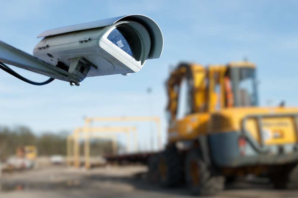 Outdoor security camera with construction equipment in the background