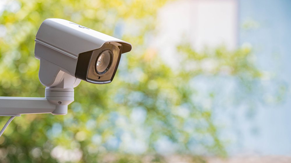 CCTV camera with green tree in background